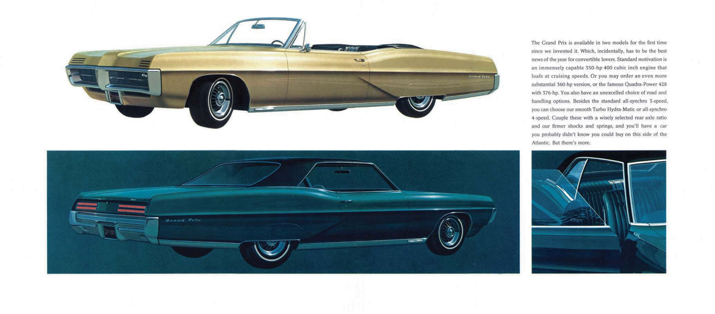 Illustrations of a gold 1967 Grand Prix convertible and a teal Grand Prix hardtop with hidden headlamps, with an interior inset