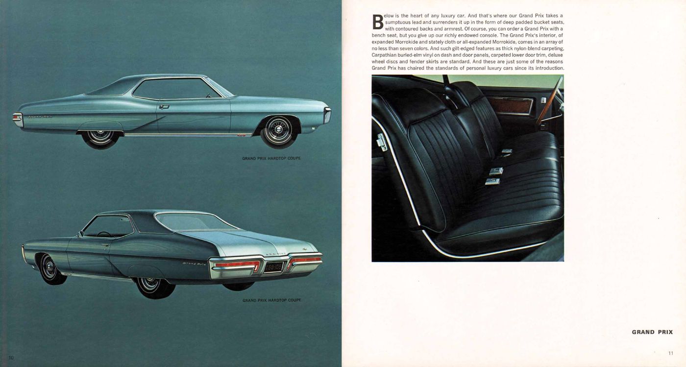 Two teal 1968 Grand Prix hardtops shown in side and rear three-quarter view, beside a photo of black bucket seats