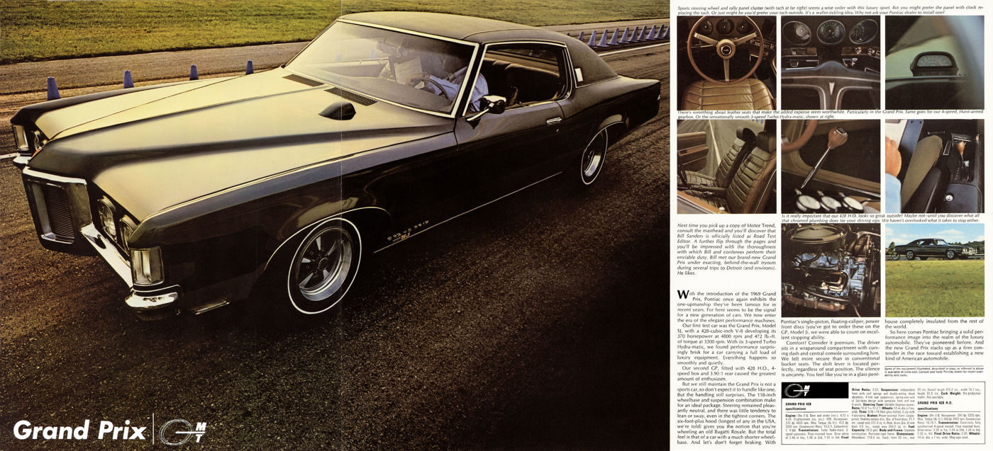 Dark 1969 Grand Prix with its long hood and V-shaped grille on a test track, with a grid of detail photos of the wraparound dash, console shifter and engine