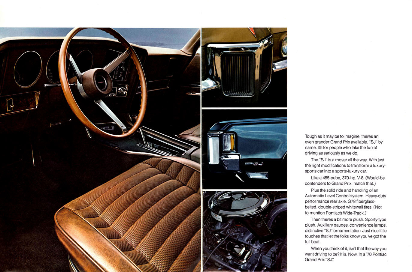 Brochure page with the 1970 Grand Prix wood-rimmed steering wheel, console and bucket seat, beside close-ups of the grille, SJ badge and engine, and text on the SJ