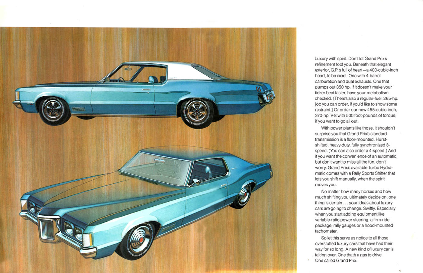 Illustrations of two teal 1970 Grand Prix hardtops, side and front three-quarter, on a woodgrain background beside text about the 400 and 455 V-8s