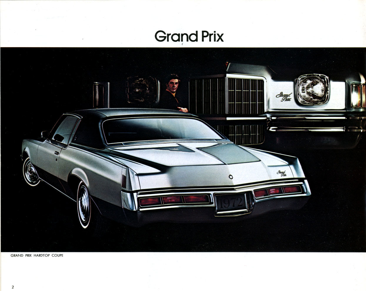 Silver 1972 Grand Prix hardtop from the rear three-quarter, with a man in the background and a close-up of its grille and headlamp