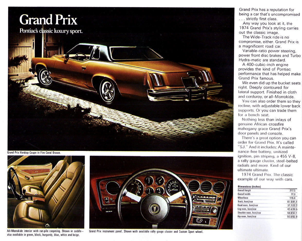 Bronze 1974 Grand Prix coupe at night on a cobbled drive, with photos of its bucket seats and gauge panel below