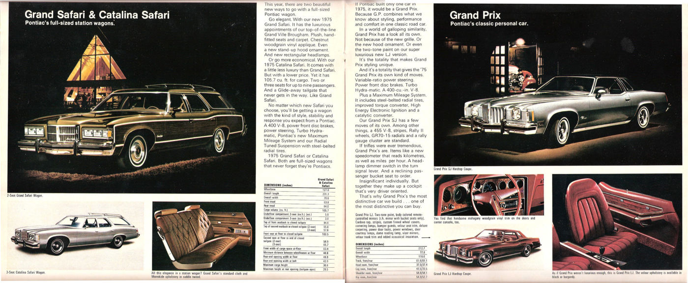 Brochure spread: Grand Safari and Catalina Safari wagons on the left; a silver 1975 Grand Prix coupe, its dash and red interior on the right
