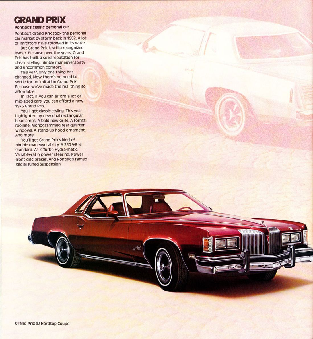 Red 1976 Grand Prix SJ with its vertical-bar grille and quad headlamps on a pale pink page with brochure text