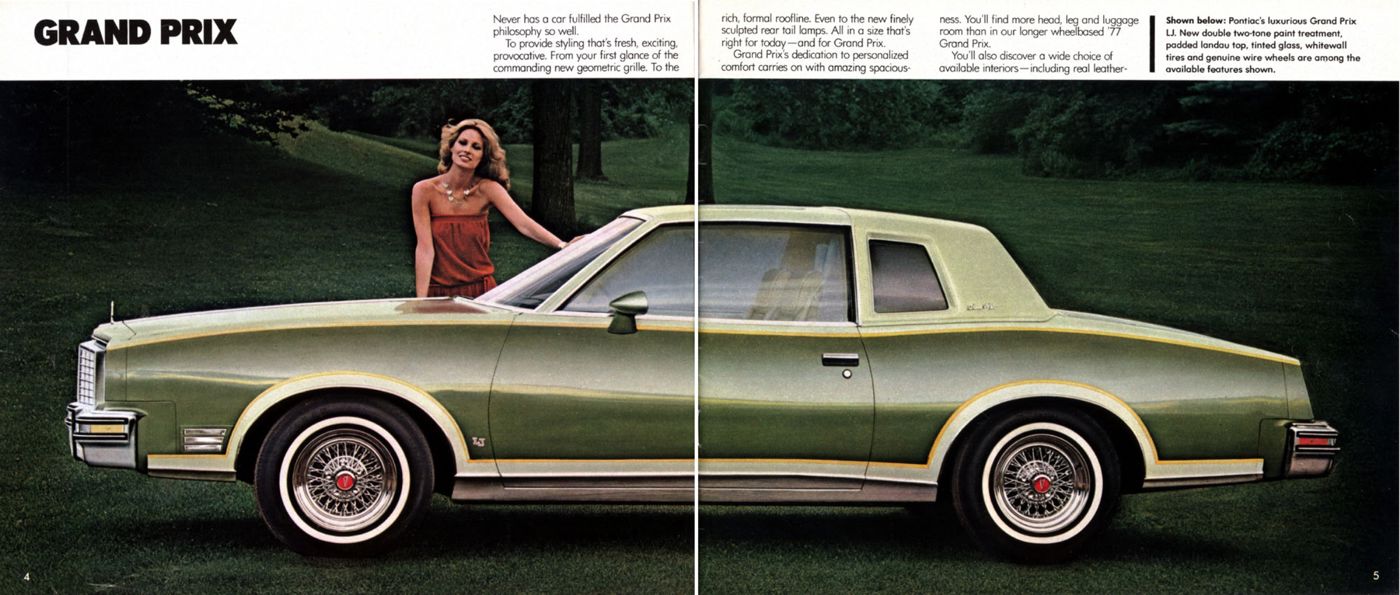 Two-tone green 1979 Grand Prix in side view on a lawn, with a woman leaning on the roof