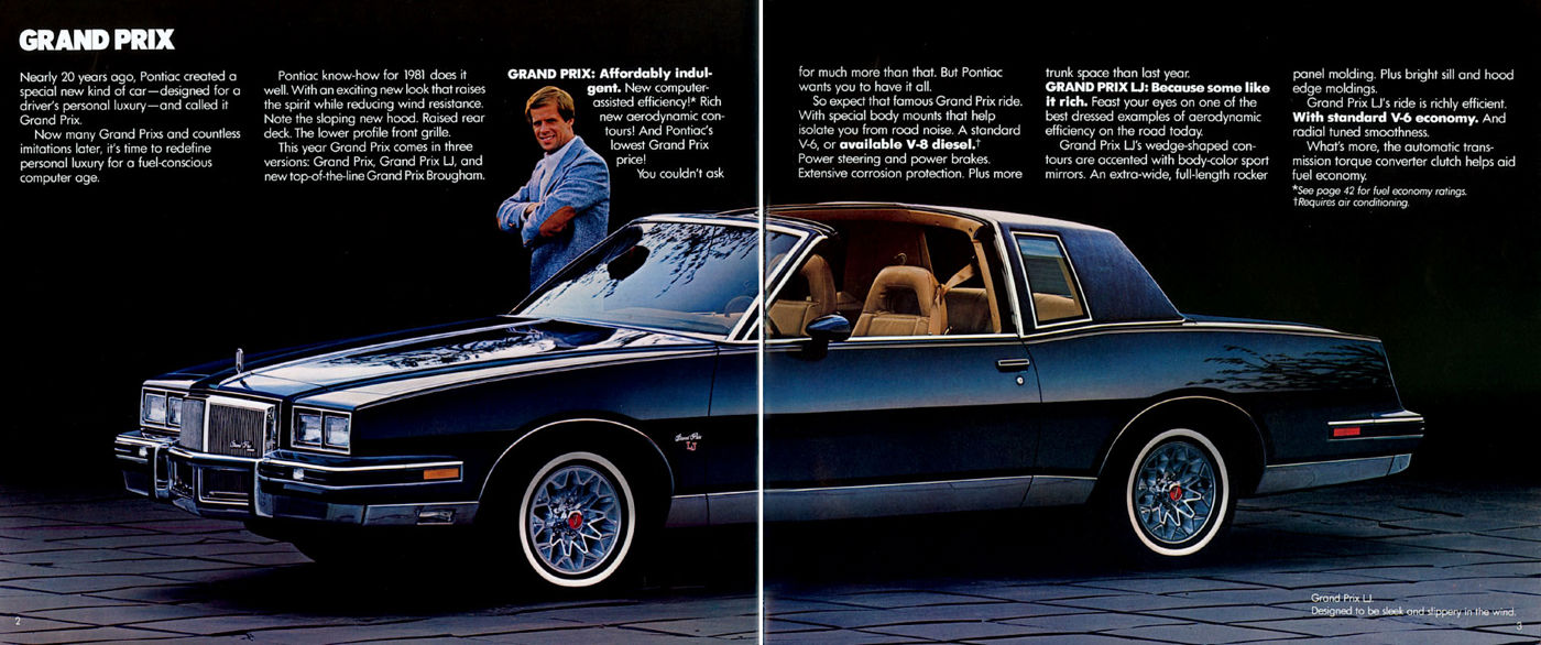 Dark blue 1981 Grand Prix LJ coupe with a man standing beside it on a black background with brochure text
