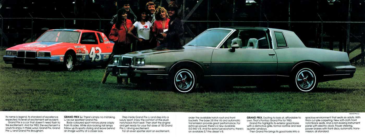 Green 1983 Grand Prix coupe on grass, with the red-and-blue No. 43 Grand Prix race car and a group of people behind it