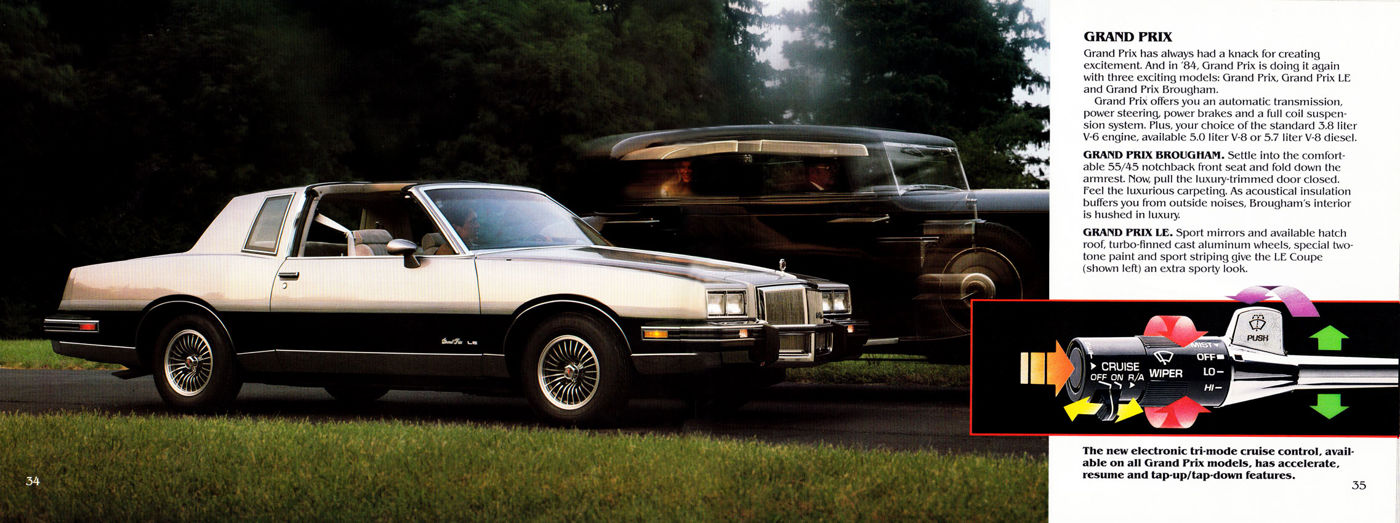 Two-tone silver and black 1984 Grand Prix LE coupe in side view on grass, with a vintage car behind and an inset of the new cruise-control stalk