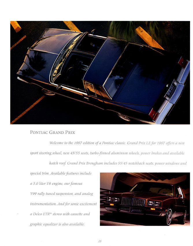 Brochure page with an overhead view of a dark blue 1987 Grand Prix coupe and a small red Grand Prix, with text on the Grand Prix LE and Brougham