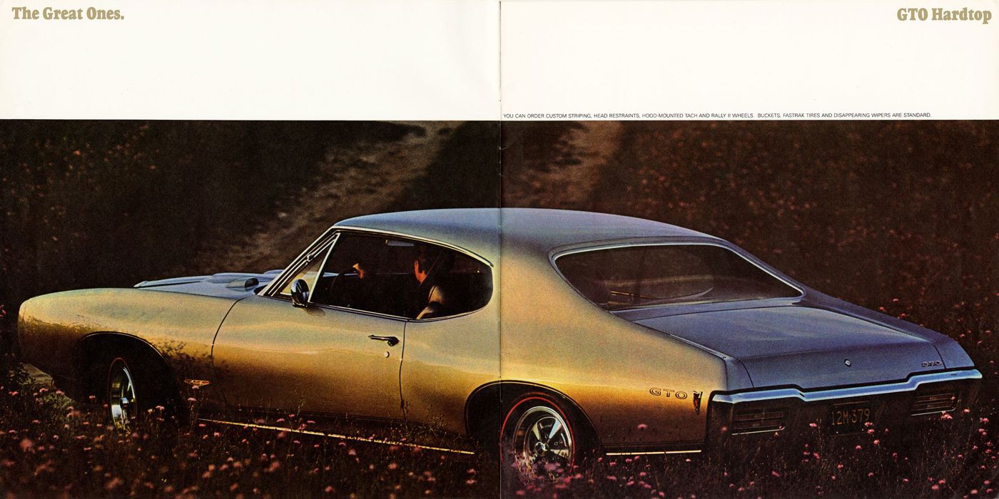 Gold 1968 GTO hardtop with the new fastback roofline, rear three-quarter at dusk, under the heading The Great Ones