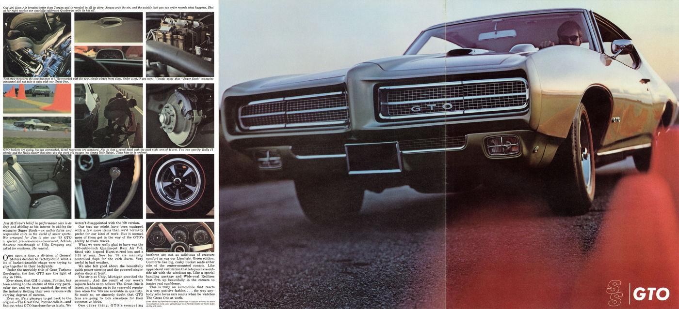 Brochure spread: a dark 1969 GTO hardtop driving toward the camera on the right, a grid of detail photos of its engine, brakes, wheels and cockpit on the left