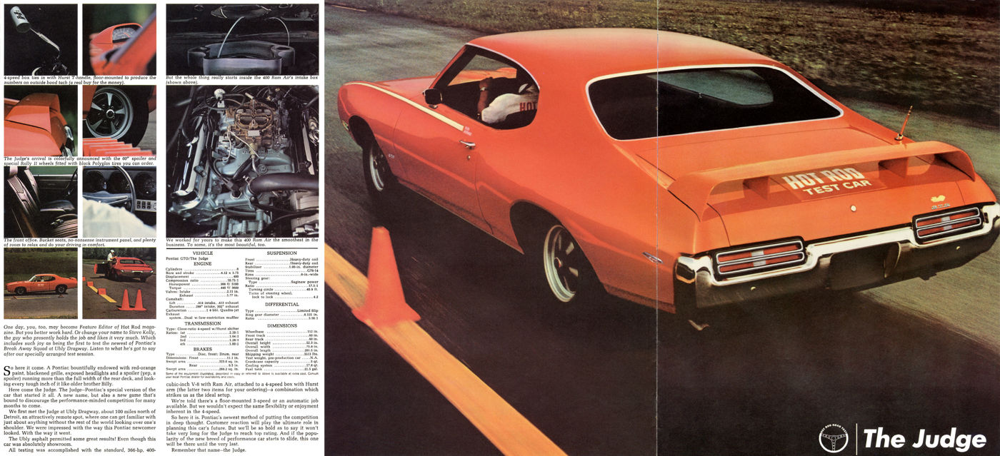 Orange 1969 GTO Judge from the rear three-quarter beside a traffic cone, its rear wing and taillamps visible, with engine and interior details on the left page