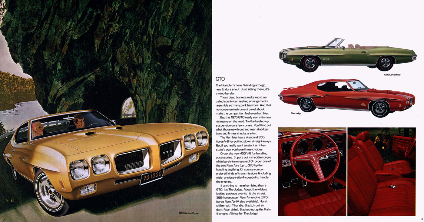 Brochure spread: a gold 1970 GTO hardtop by a rock tunnel, and on the right a green GTO convertible, a red Judge and red interior photos