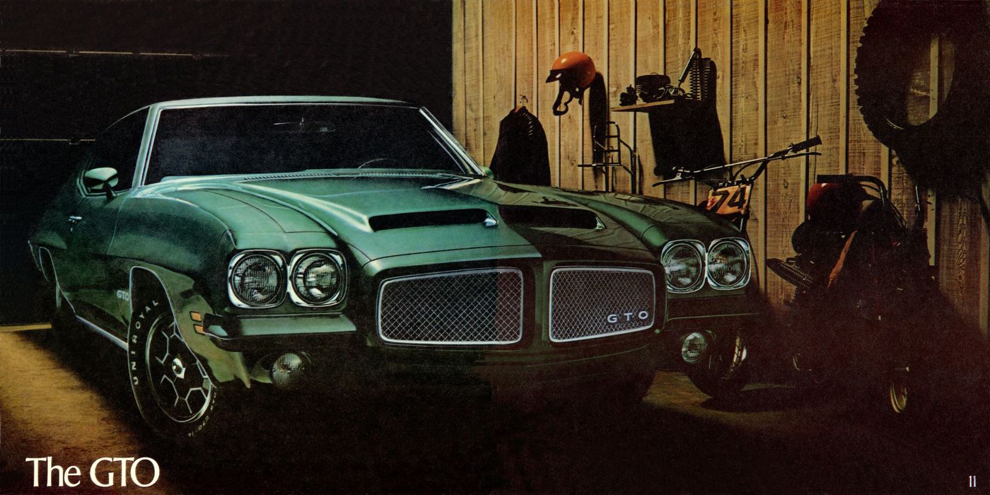 Green 1971 GTO hardtop in a garage beside a motorcycle, under the title The GTO