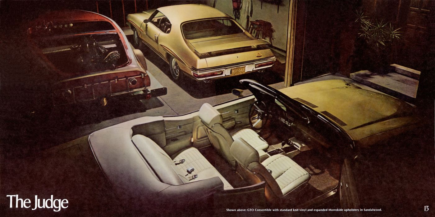 Cream 1971 GTO Judge in a garage above a GTO convertible with a white bucket-seat interior, under the title The Judge