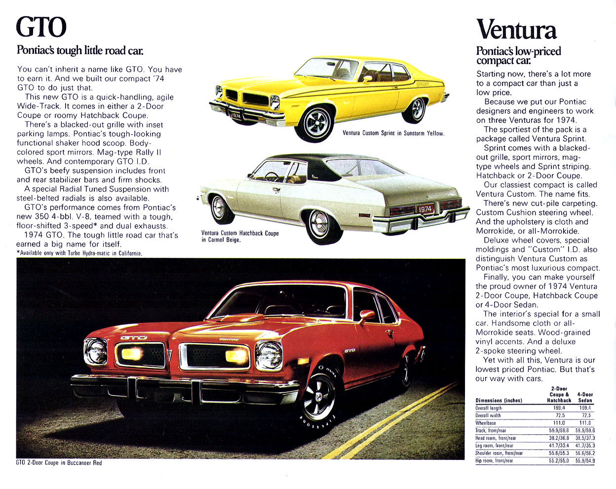Red 1974 GTO coupe on a road at night, with a yellow Ventura Custom Sprint and white Ventura hatchback on the same brochure page