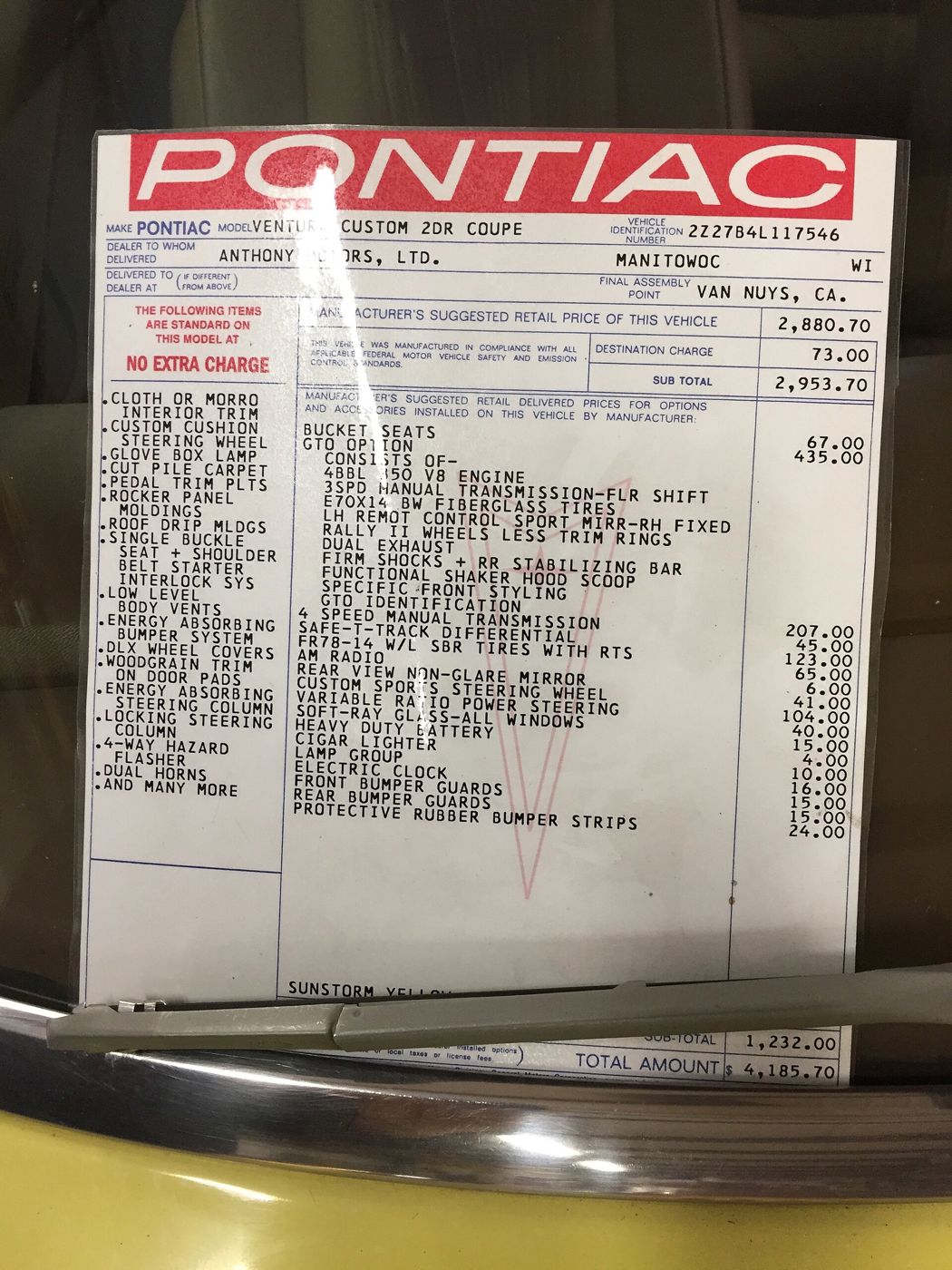 Pontiac factory window sticker listing standard equipment and options of a 1974 Ventura Custom coupe with the GTO package, with the prices
