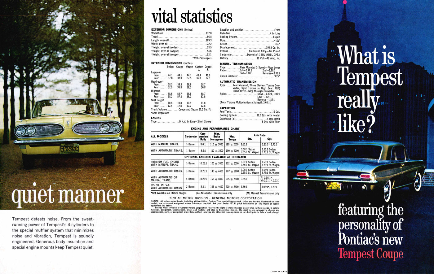 Folder panel with a yellow 1961 Tempest seen head-on among trees, a vital-statistics table, and a dark Tempest coupe under the words What is Tempest really like