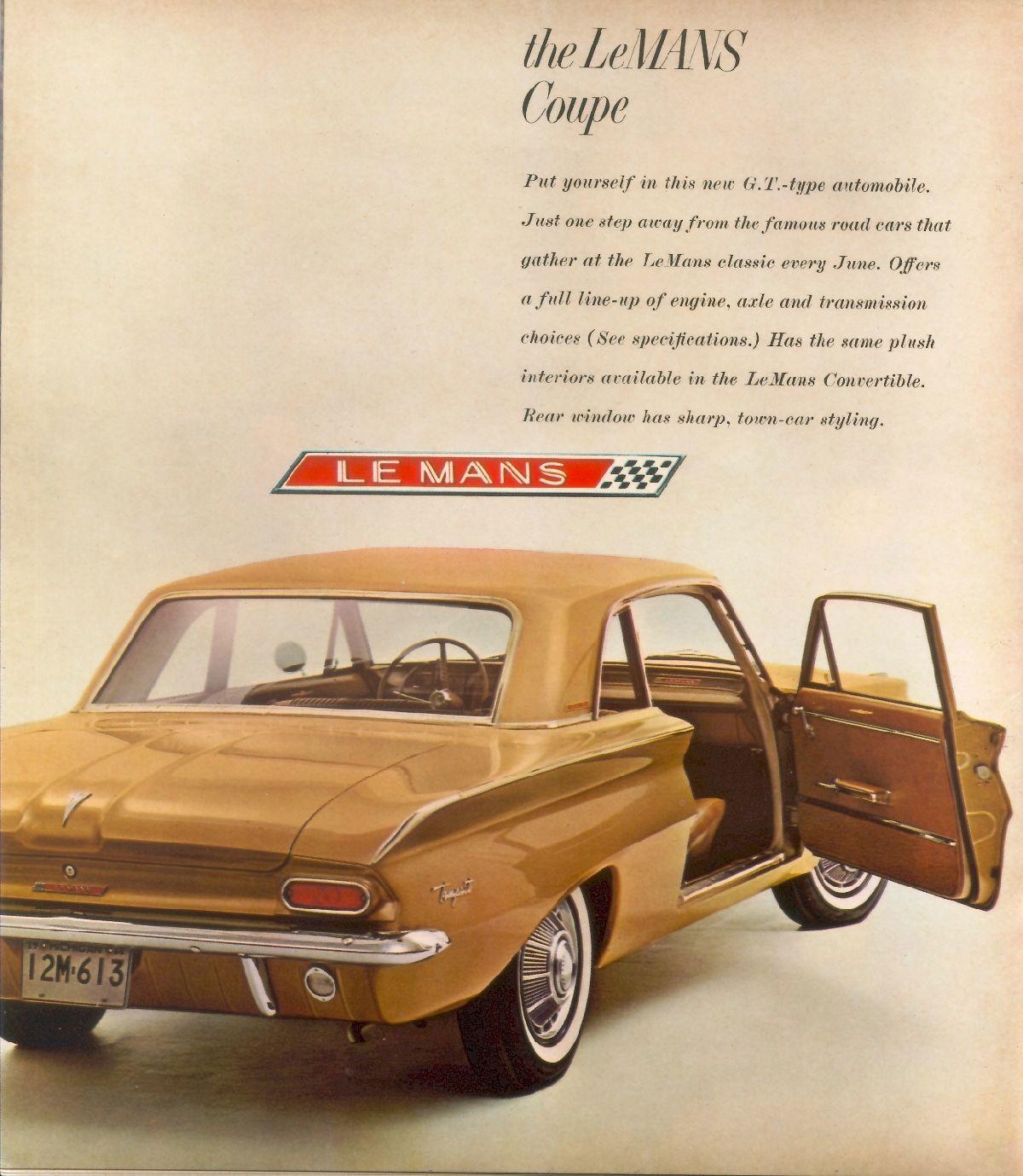 Gold 1962 Tempest LeMans coupe with its door open, below the LeMans badge and brochure copy