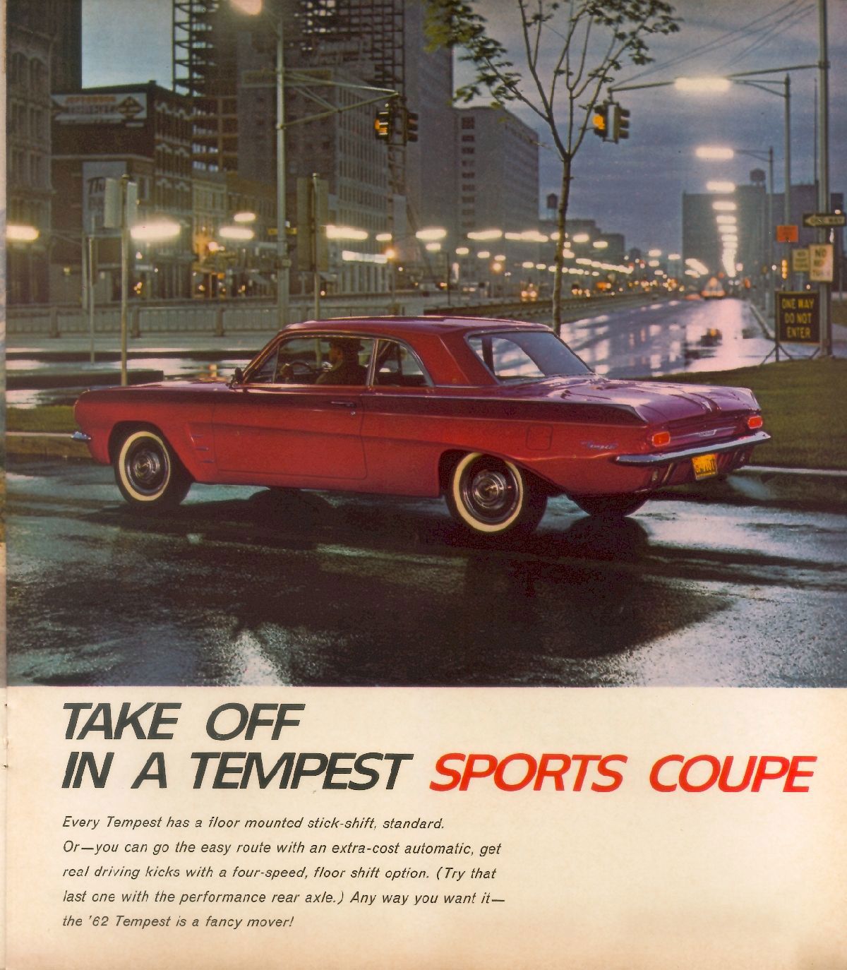 Red 1962 Tempest sports coupe on a wet city street at dusk, over the headline Take off in a Tempest sports coupe