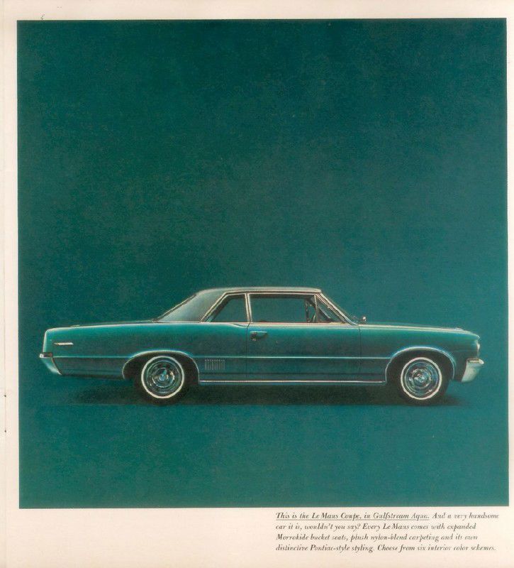 Aqua 1964 LeMans coupe in full side profile on a teal background