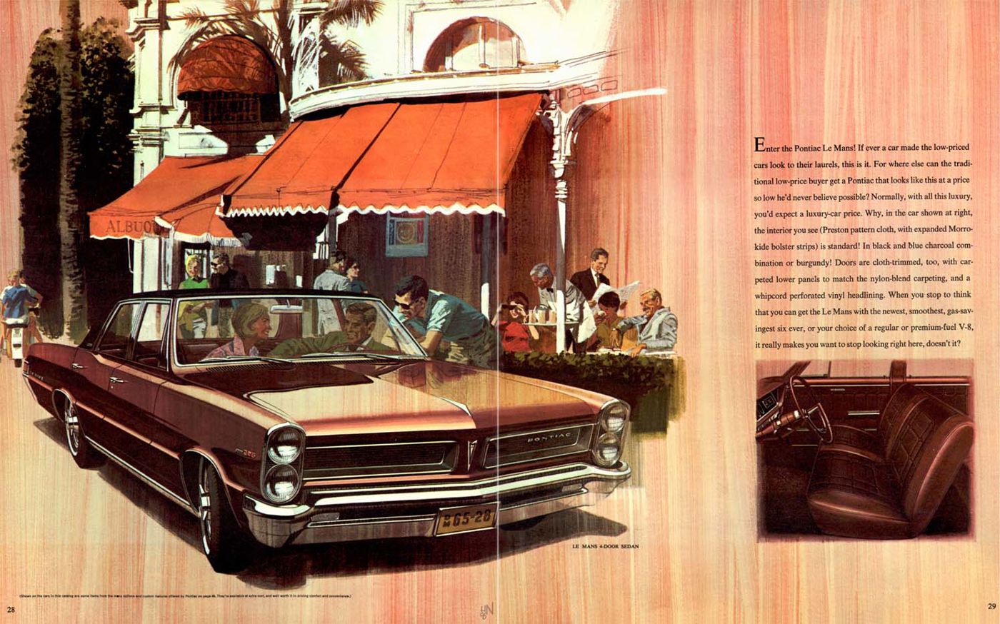 Illustration of a copper 1965 LeMans four-door sedan with stacked headlights, parked by a cafe awning, with an inset of its interior
