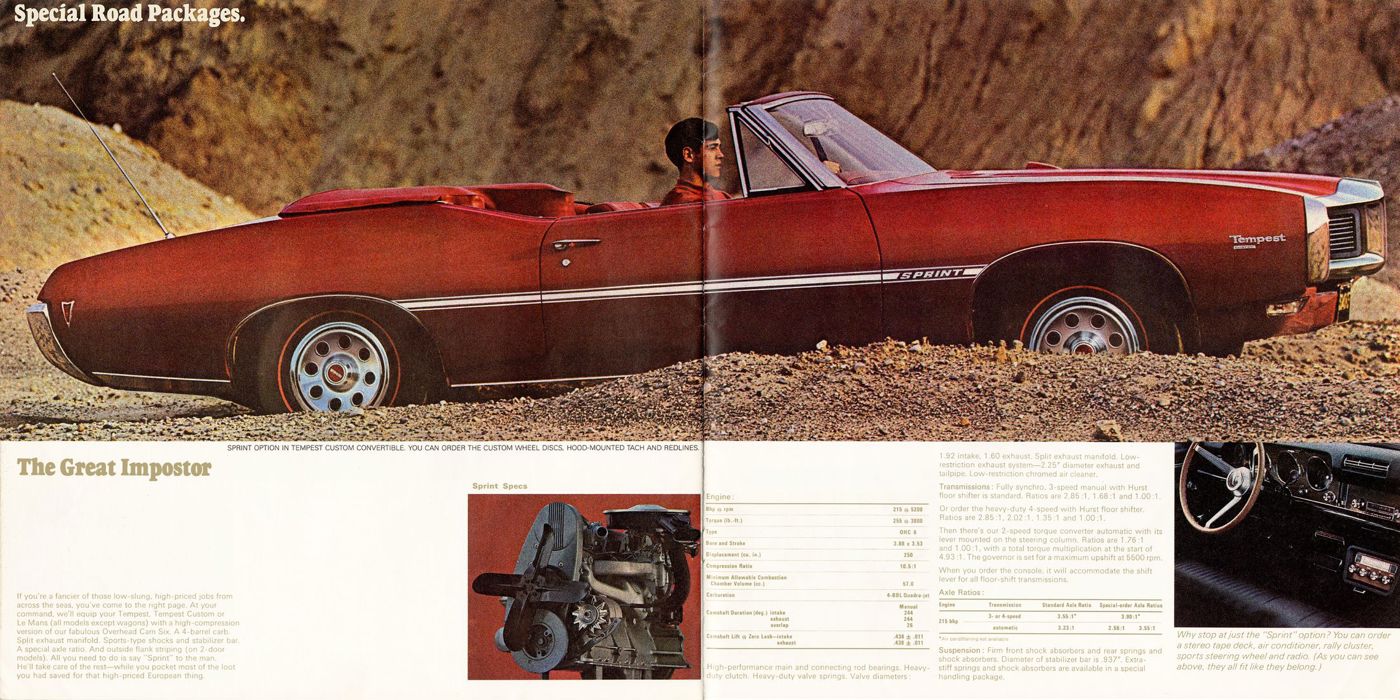 Red 1968 Tempest Custom convertible with Sprint stripes driving on a dirt hillside, with insets of the overhead-cam six and the dashboard