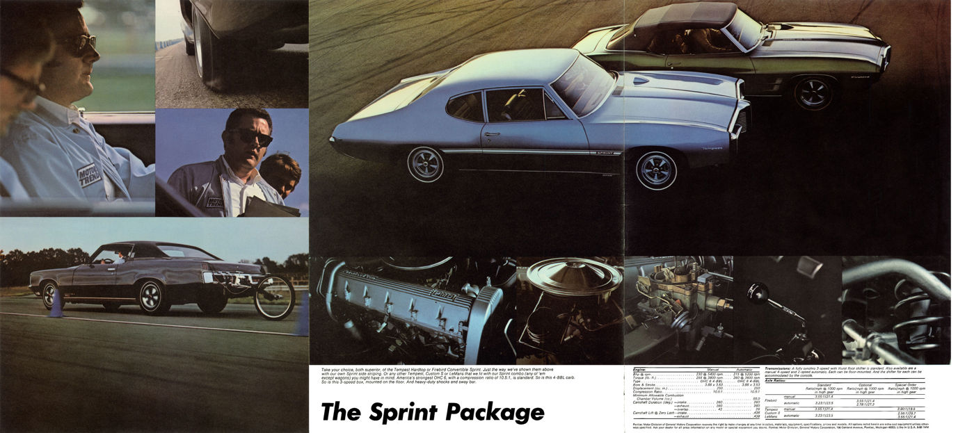 Brochure spread: a light-blue 1969 Tempest Sprint hardtop and a dark Firebird convertible, over close-ups of the OHC-6 engine, carburetor and shifter; magazine testers on the left page