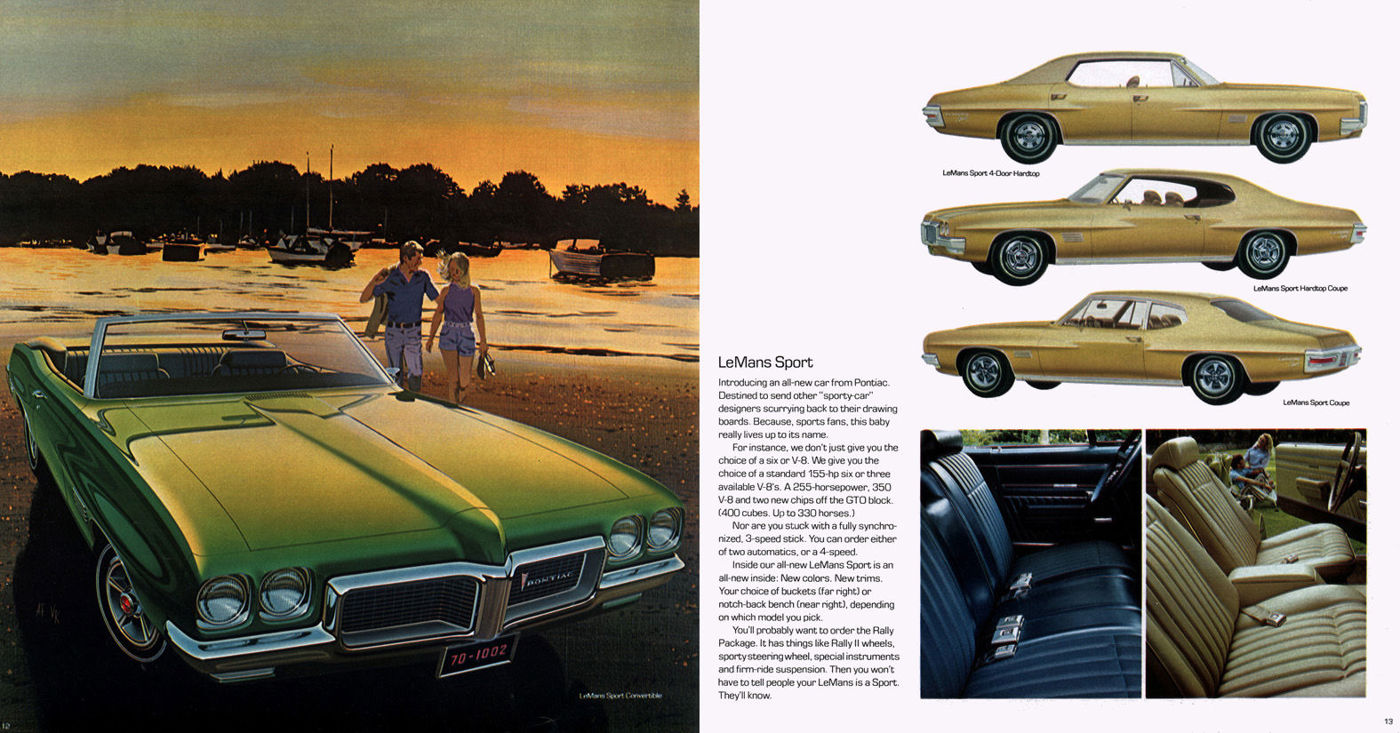 Green 1970 LeMans Sport convertible at a lakeshore at sunset beside a couple, with three gold LeMans Sport body styles and two interiors on the right page