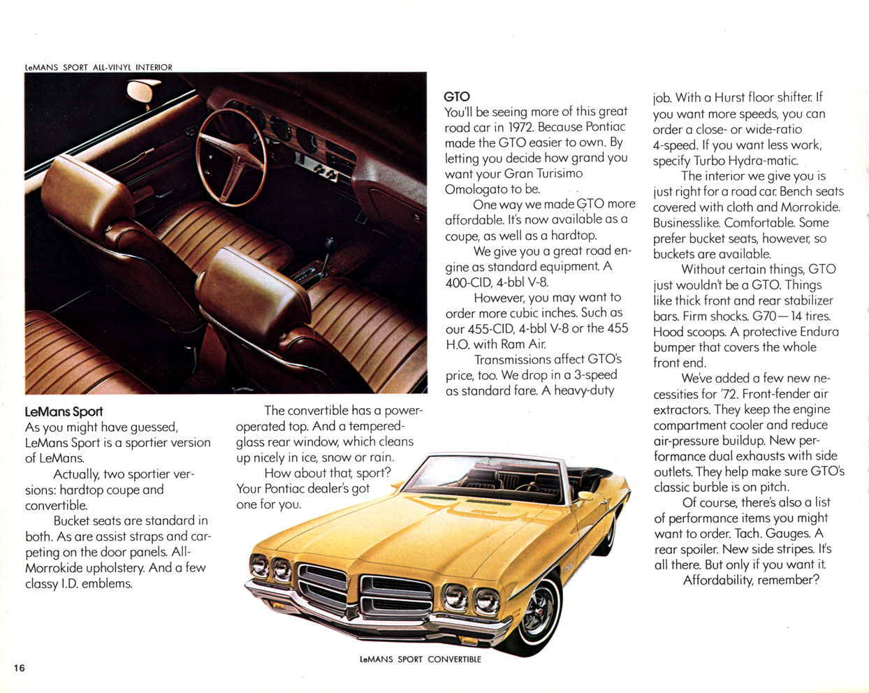 Brochure page with a yellow 1972 LeMans Sport convertible, a close-up of its bucket-seat interior, and text on the LeMans Sport and GTO