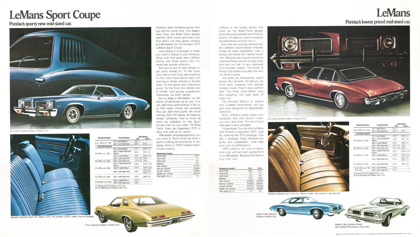 Brochure spread: a blue 1973 LeMans Sport Coupe with louvered rear quarter windows and blue interior on the left; red LeMans hardtop, interior and other LeMans models on the right