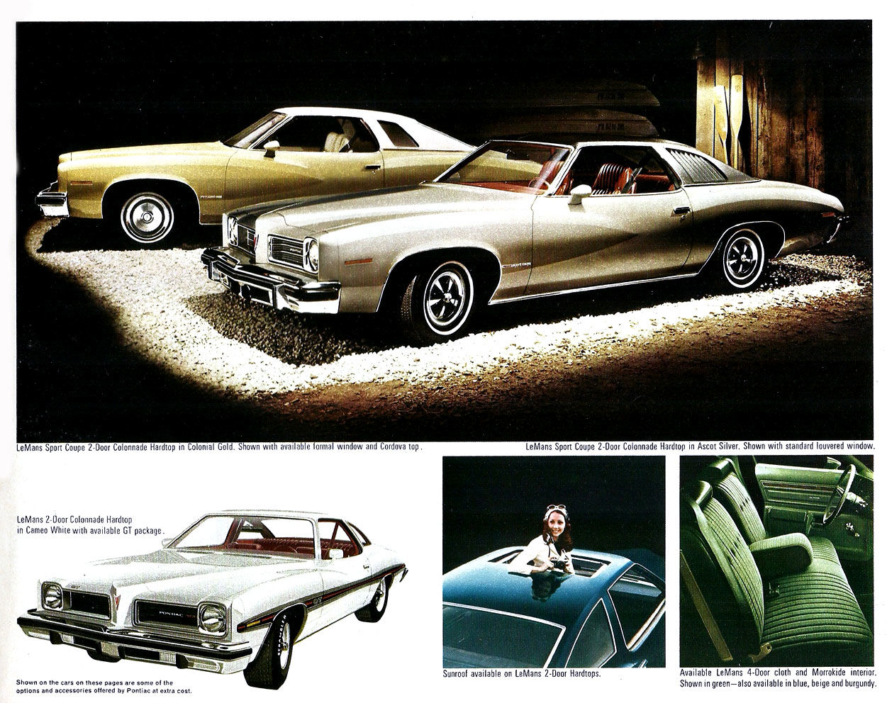 Two 1974 LeMans Sport Coupe Colonnade hardtops in gold and silver at night, with a white LeMans GT and interior photos below