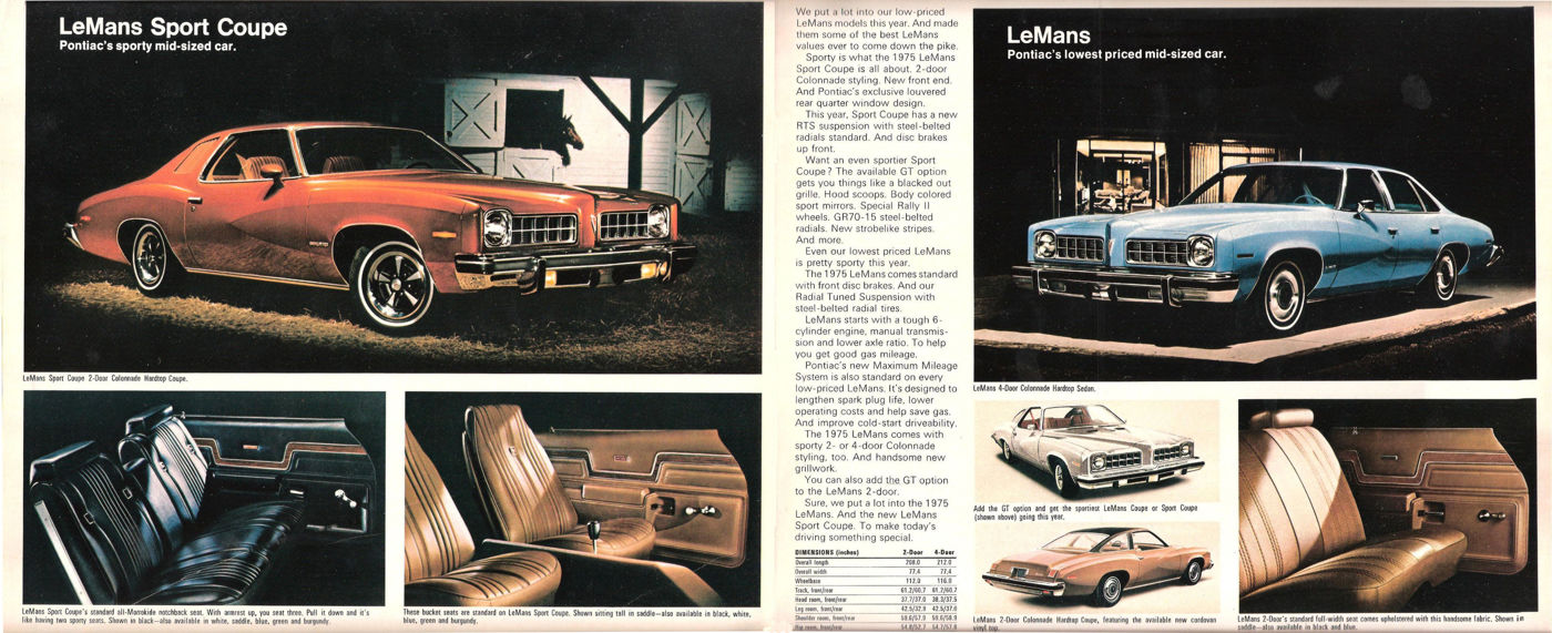 Brochure spread: an orange 1975 LeMans Sport Coupe by a barn at night with black and tan interiors, and a light-blue LeMans hardtop on the right page