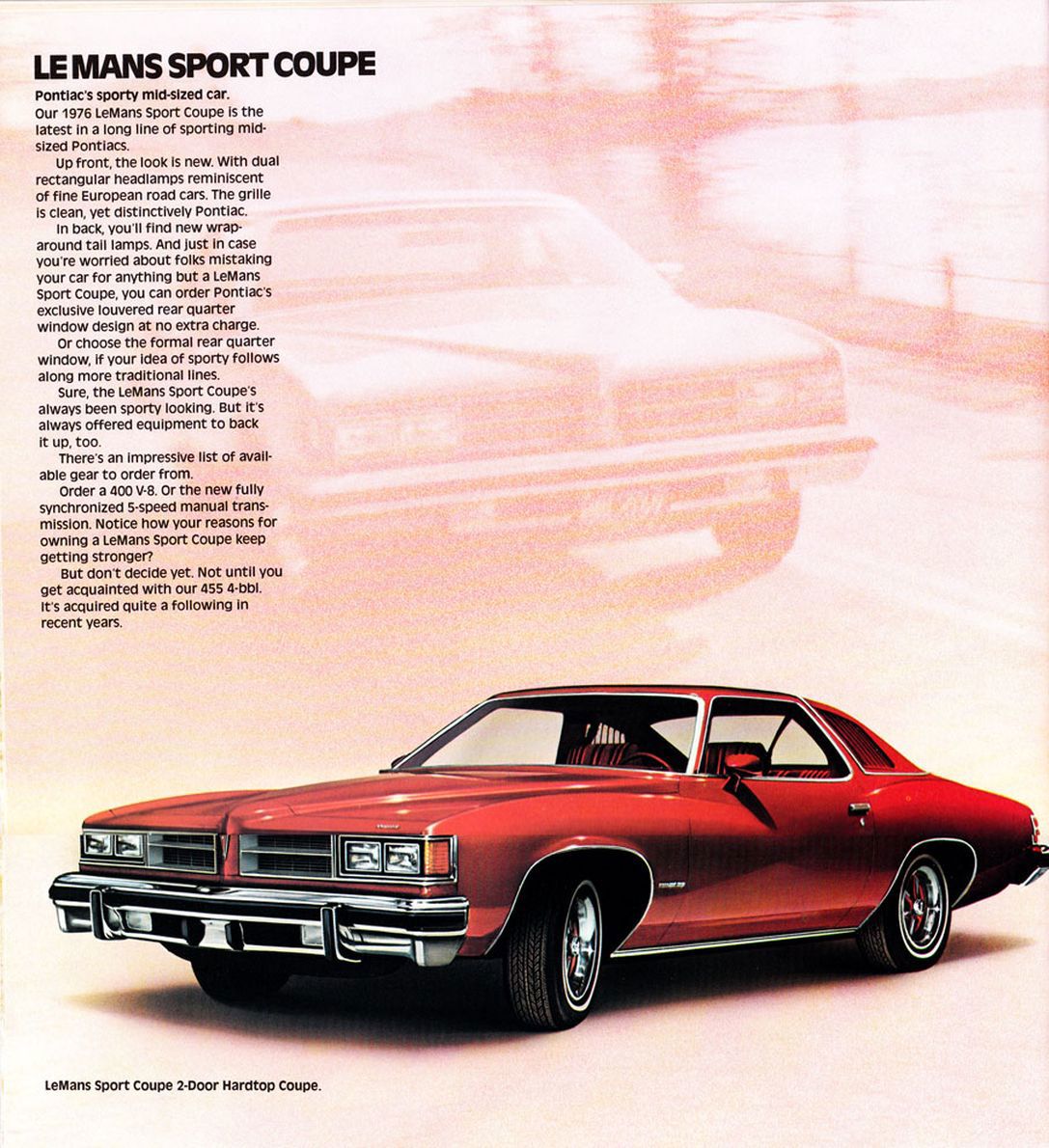 Red 1976 LeMans Sport Coupe with rectangular headlamps on a pale pink page with brochure text