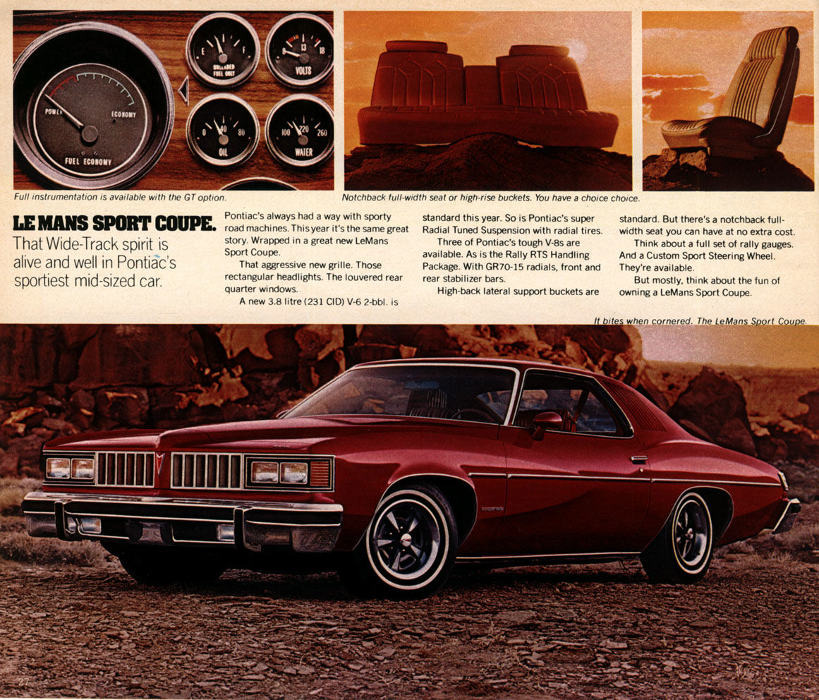Red 1977 LeMans Sport Coupe on a rocky road at dusk, under photos of its gauge cluster and seats