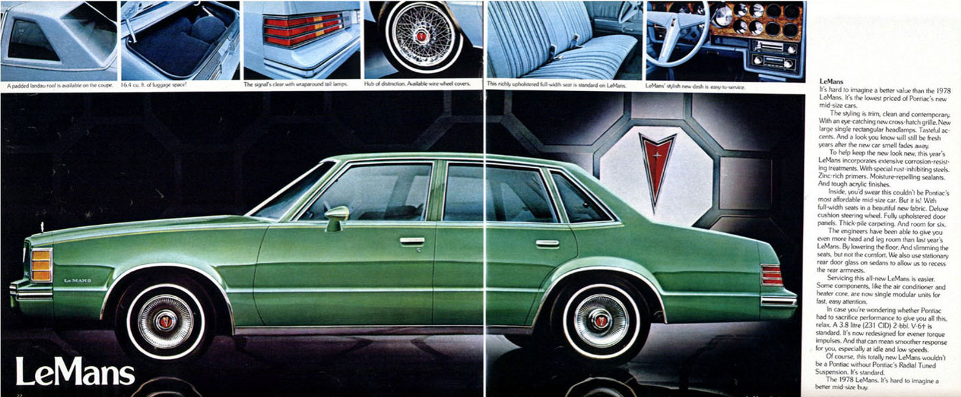 Green 1978 LeMans four-door sedan in side profile before a large Pontiac arrowhead emblem, with detail photos of the trunk, taillamp, wire wheel cover and dash