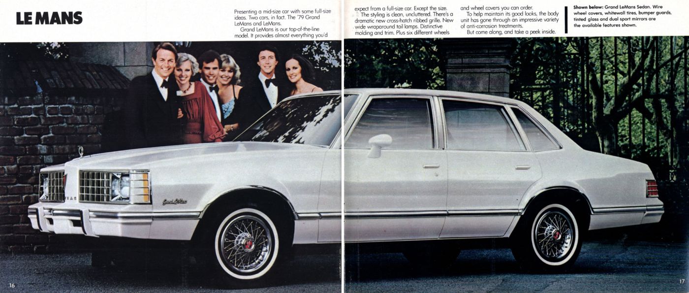 White 1979 Grand LeMans four-door sedan with wire wheel covers in side view, with a group in formal clothes behind