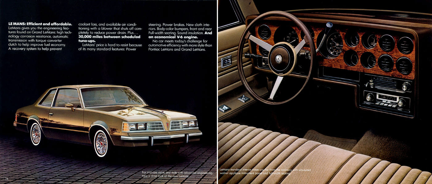 Gold 1981 LeMans coupe with its sloped nose on a black background, beside a photo of the woodgrain dashboard and cloth seat