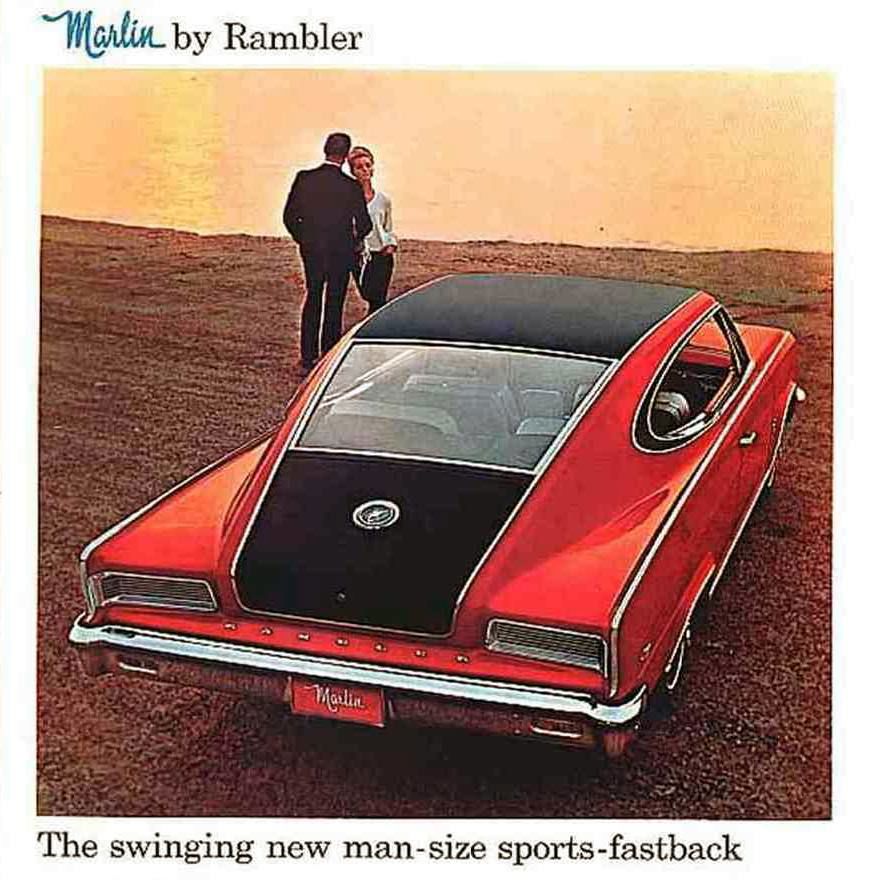 Brochure cover illustration of a red Marlin with black roof from the rear three-quarter on a beach with a couple