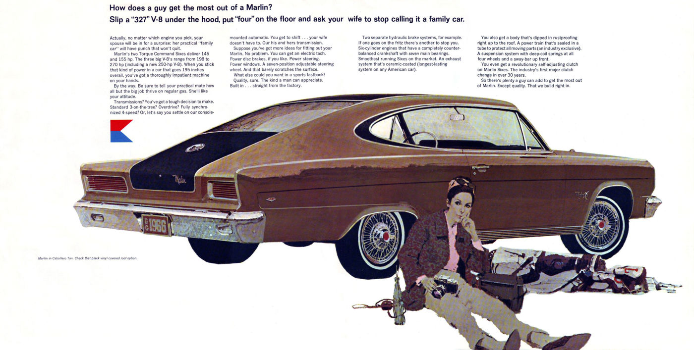 Brochure spread with a bronze 1966 Marlin in full side profile and a man lying on the grass beside it