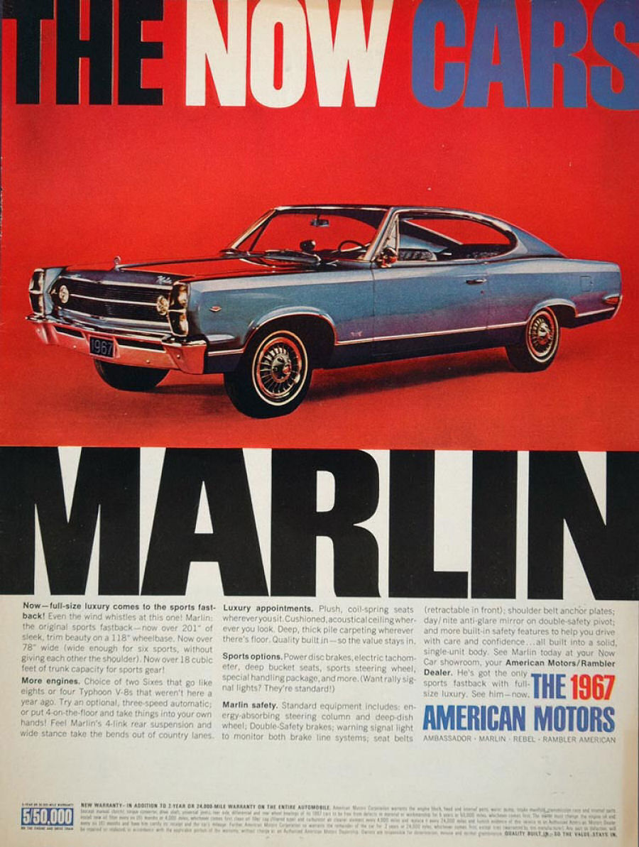 Advertisement with a blue 1967 AMC Marlin on the longer Ambassador-based body, front three-quarter on red, under a large MARLIN headline