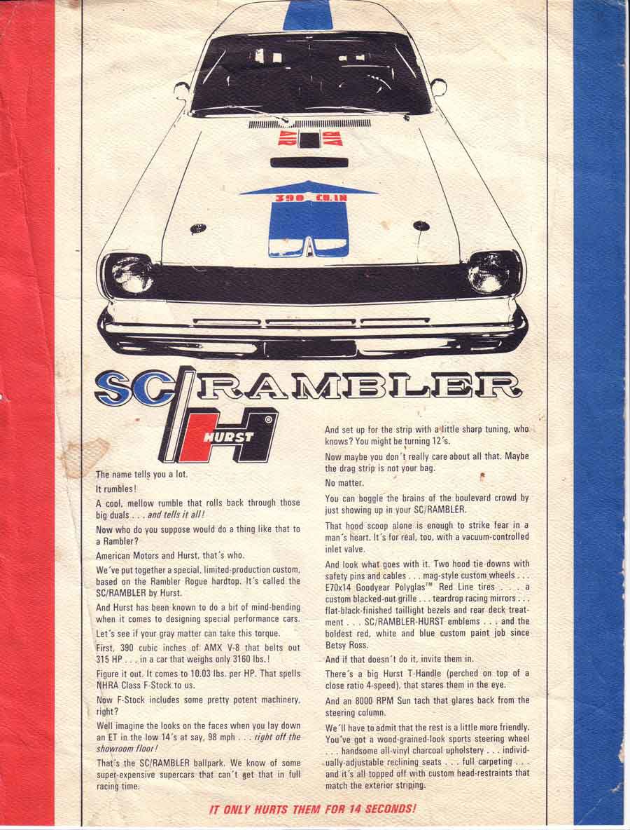 Promotion sheet with red, white and blue border, an overhead view of the SC/Rambler hood and scoop, and the SC/Rambler Hurst logo above feature copy
