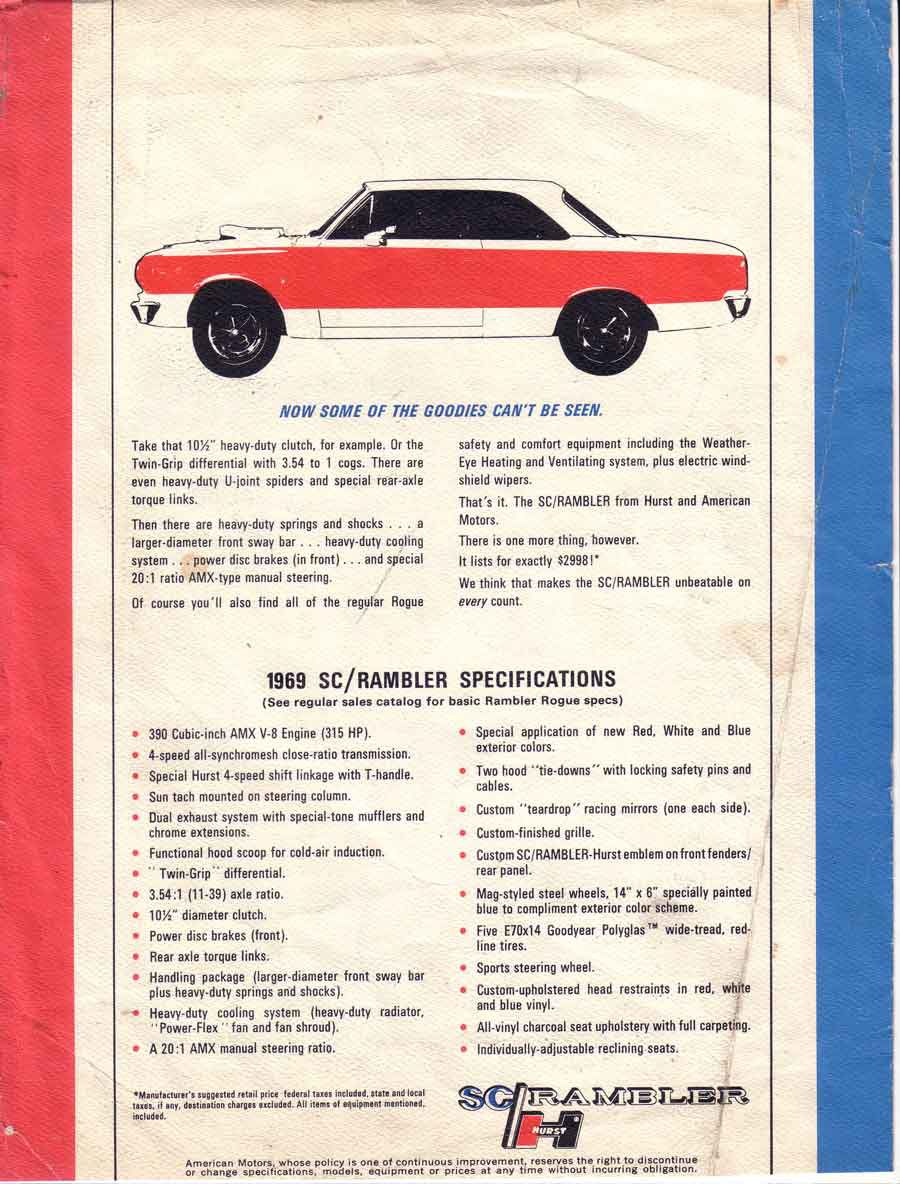 Promotion sheet page with a red and white SC/Rambler in side view above the 1969 SC/Rambler specification list