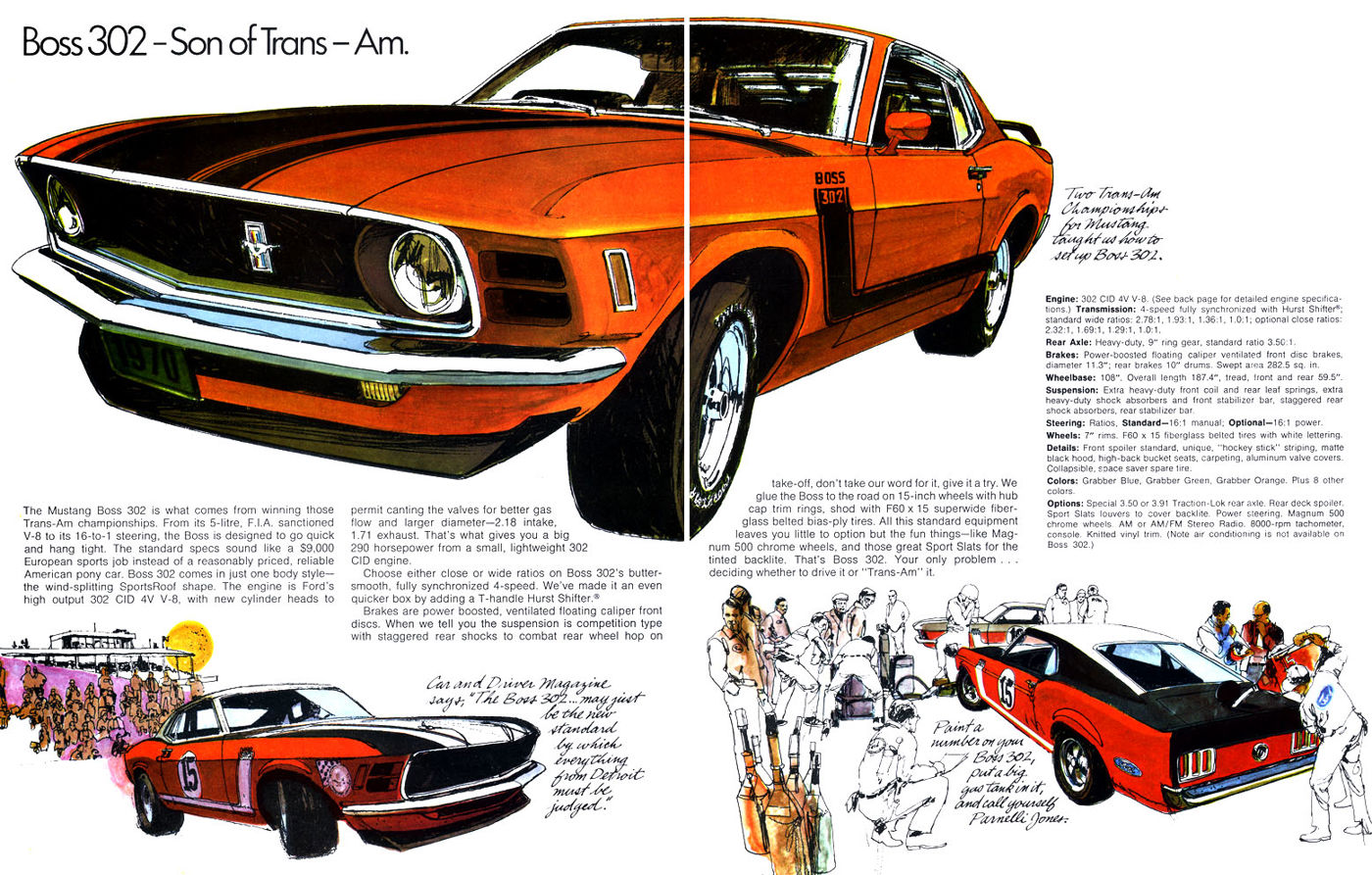 Brochure spread with an orange 1970 Mustang Boss 302 and, below, illustrations of a red and black No. 15 Boss 302 Trans-Am race car on track and in the pits, captioned "call yourself Parnelli Jones"