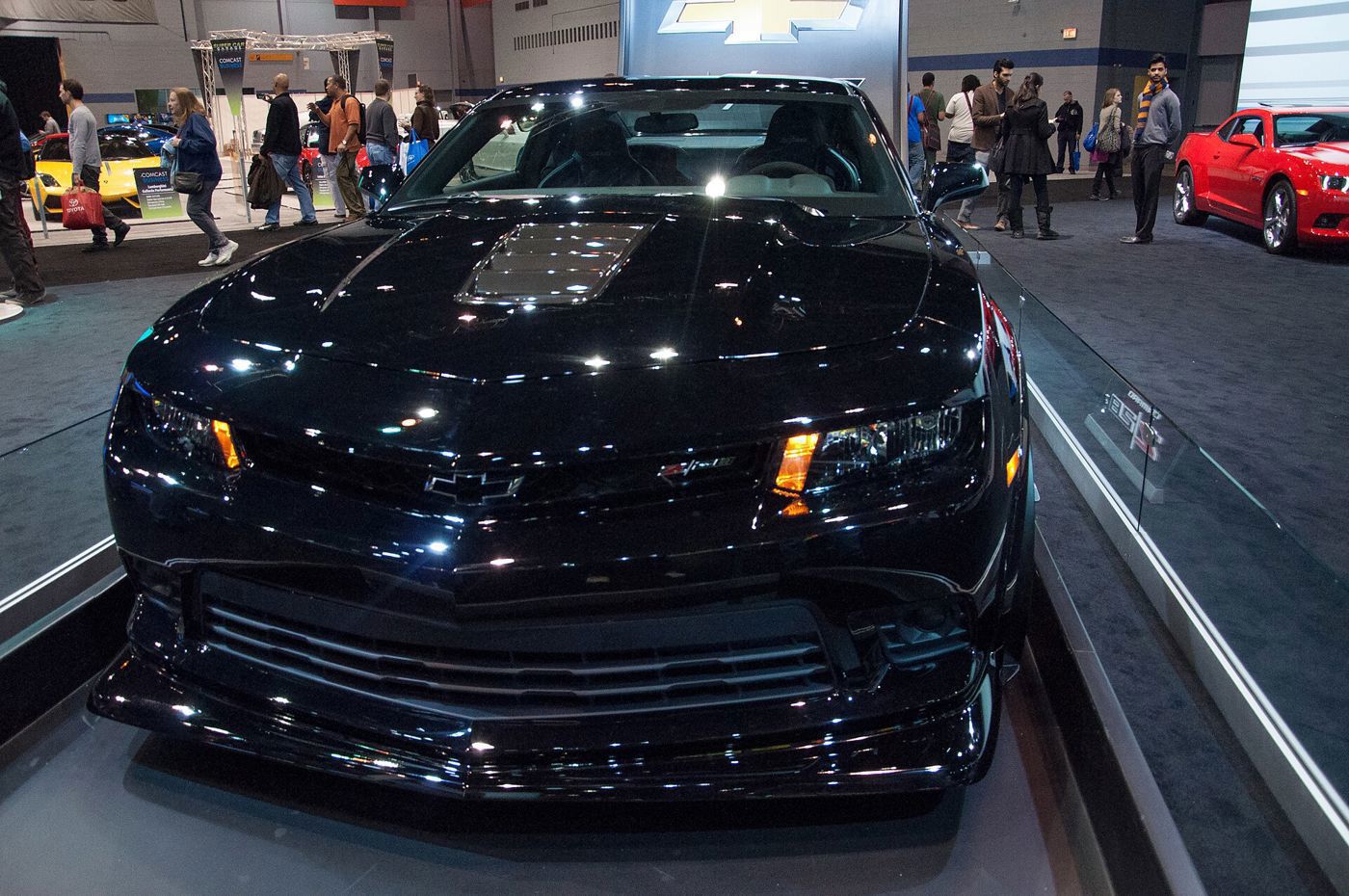 Black 2014 Camaro Z/28 seen head-on on an auto show stand