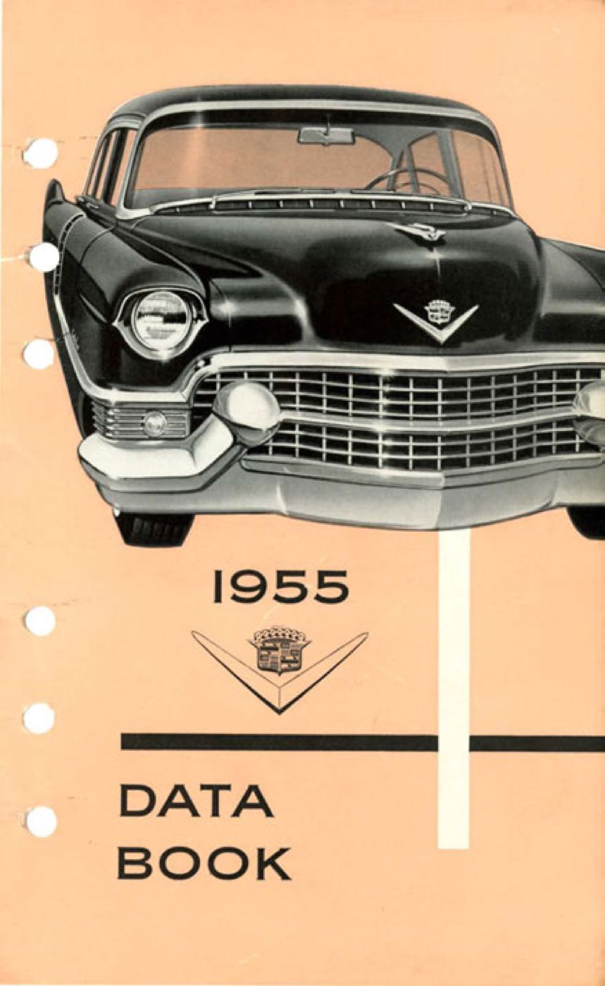 Peach-colored cover of the 1955 Cadillac Data Book with a painted black 1955 Cadillac seen from the front, its V-and-crest emblem and the words 1955 Data Book