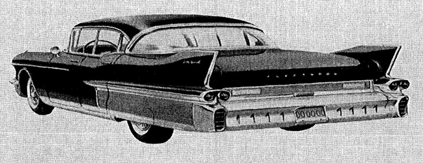 Black-and-white illustration of a 1958 Cadillac Fleetwood Sixty Special four-door hardtop from the rear, with tall tailfins, Sixty Special script on the fin and FLEETWOOD lettering on the deck lid