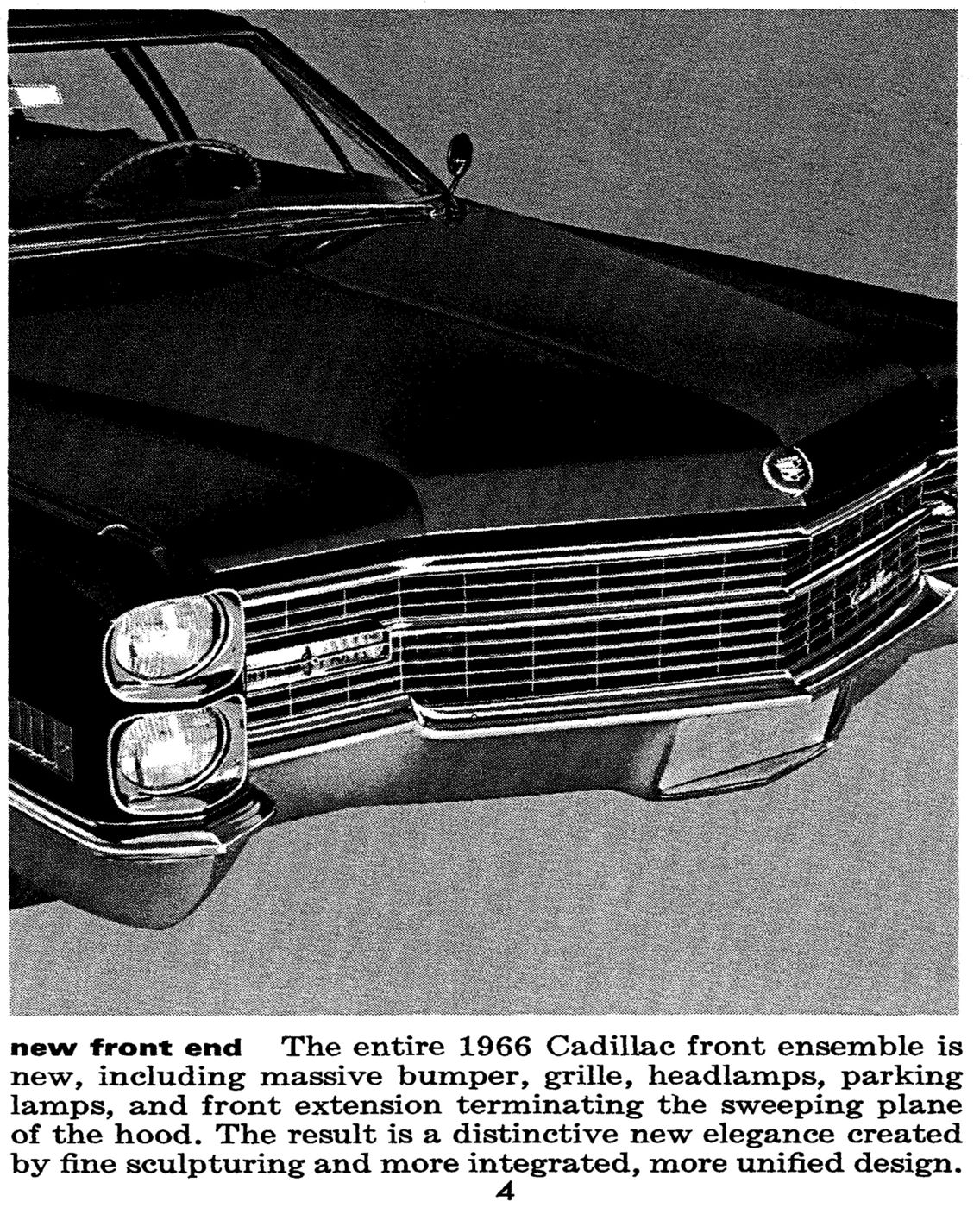 Black-and-white studio photograph of the front of a dark 1966 Cadillac, showing the stacked headlamps, the wide grille and the crest on the hood, above data-book text describing the new front end