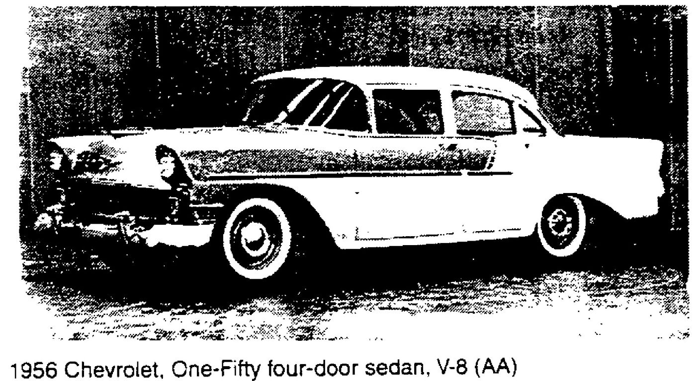 Black-and-white photocopied photograph of a two-tone 1956 Chevrolet One-Fifty four-door sedan in side three-quarter view, captioned "1956 Chevrolet, One-Fifty four-door sedan, V-8 (AA)"